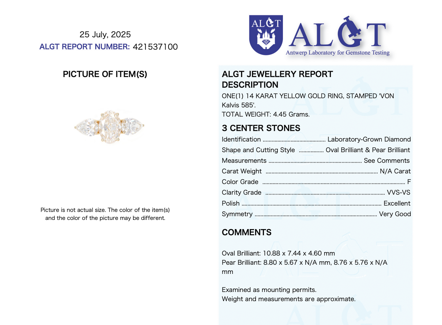 5.00ct Oval Cut Lab Grown Diamond Trilogy Ring with Pear Side Stones in 14ct Yellow Gold