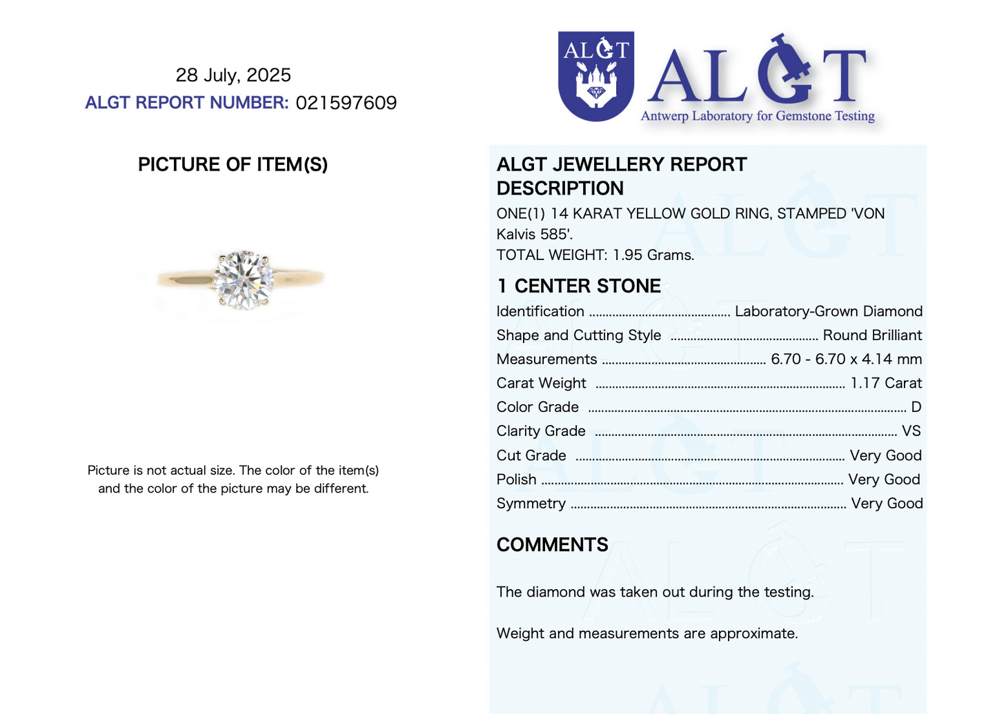 Round Brilliant 1.17ct Lab Created Diamond Solitaire Engagement Ring in 14ct Yellow Gold
