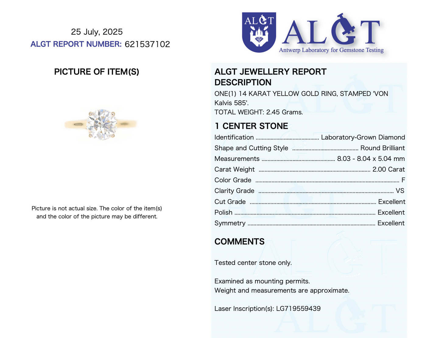 Round Brilliant 2ct Lab Created Diamond Solitaire Engagement Ring in 14ct Yellow Gold