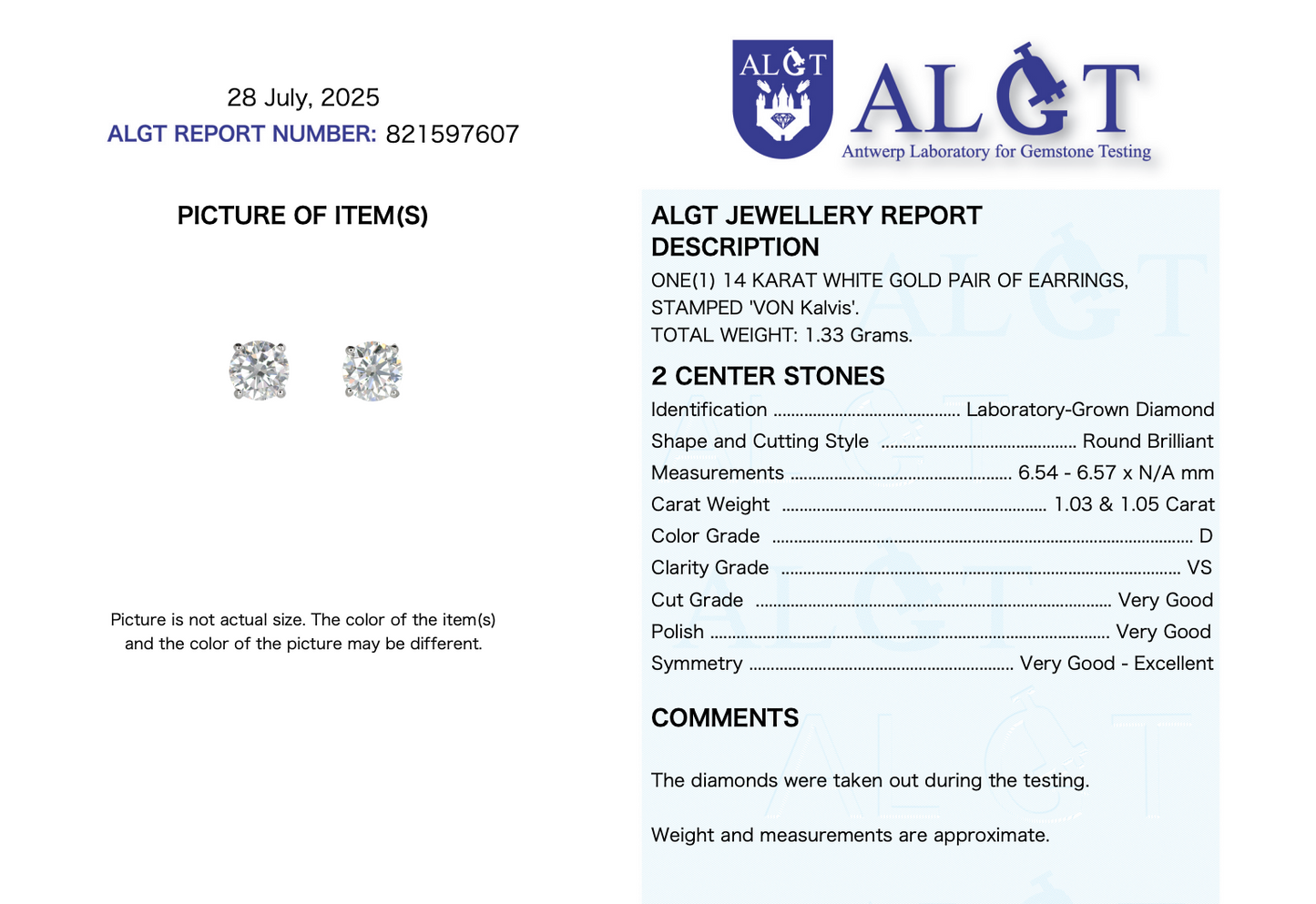 14ct White Gold Lab Grown Diamond Stud Earrings 2.08 ct D VS Certified Round Brilliant