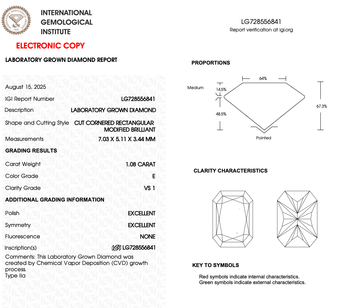 1.08ct Radiant Cut Lab-Grown Diamond Solitaire Ring – VS1 E Colour | 14ct Yellow Gold | IGI Certified