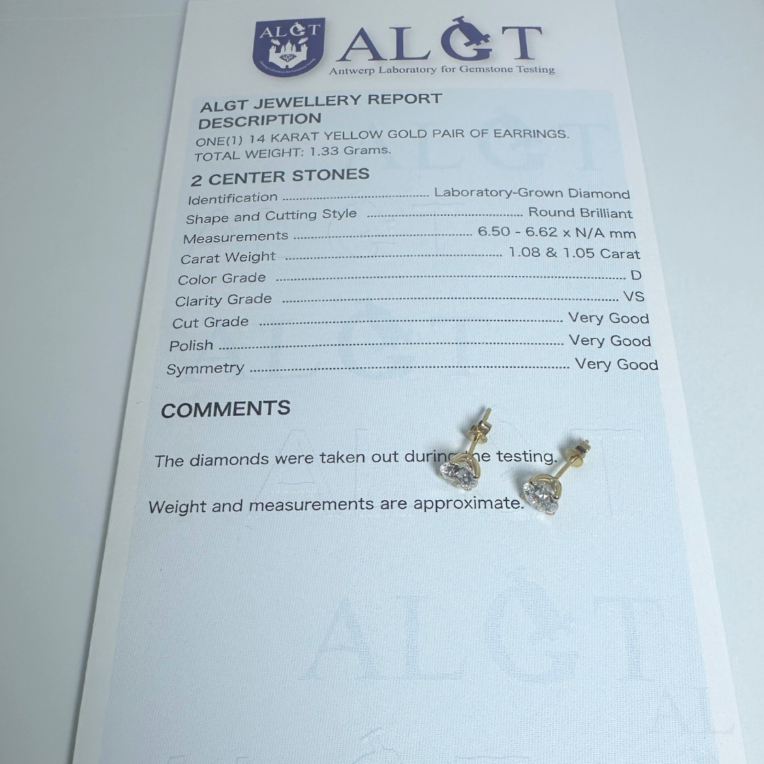 14ct Yellow Gold Lab Grown Diamond Stud Earrings 2.13ct D VS Certified Round Brilliant
