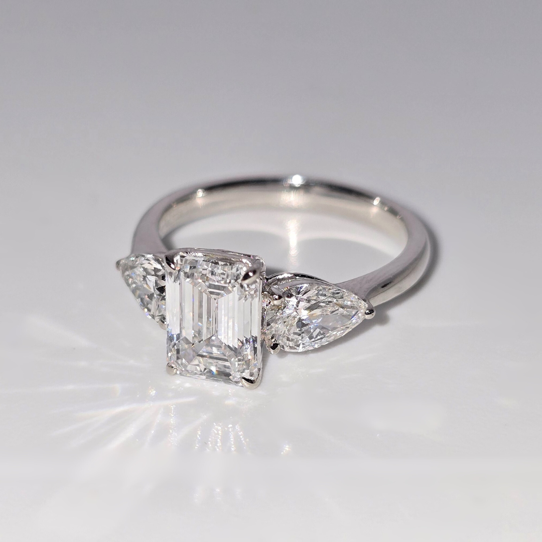 3.08 Emerald Cut Lab Diamond Engagement Ring with Pear Sides
