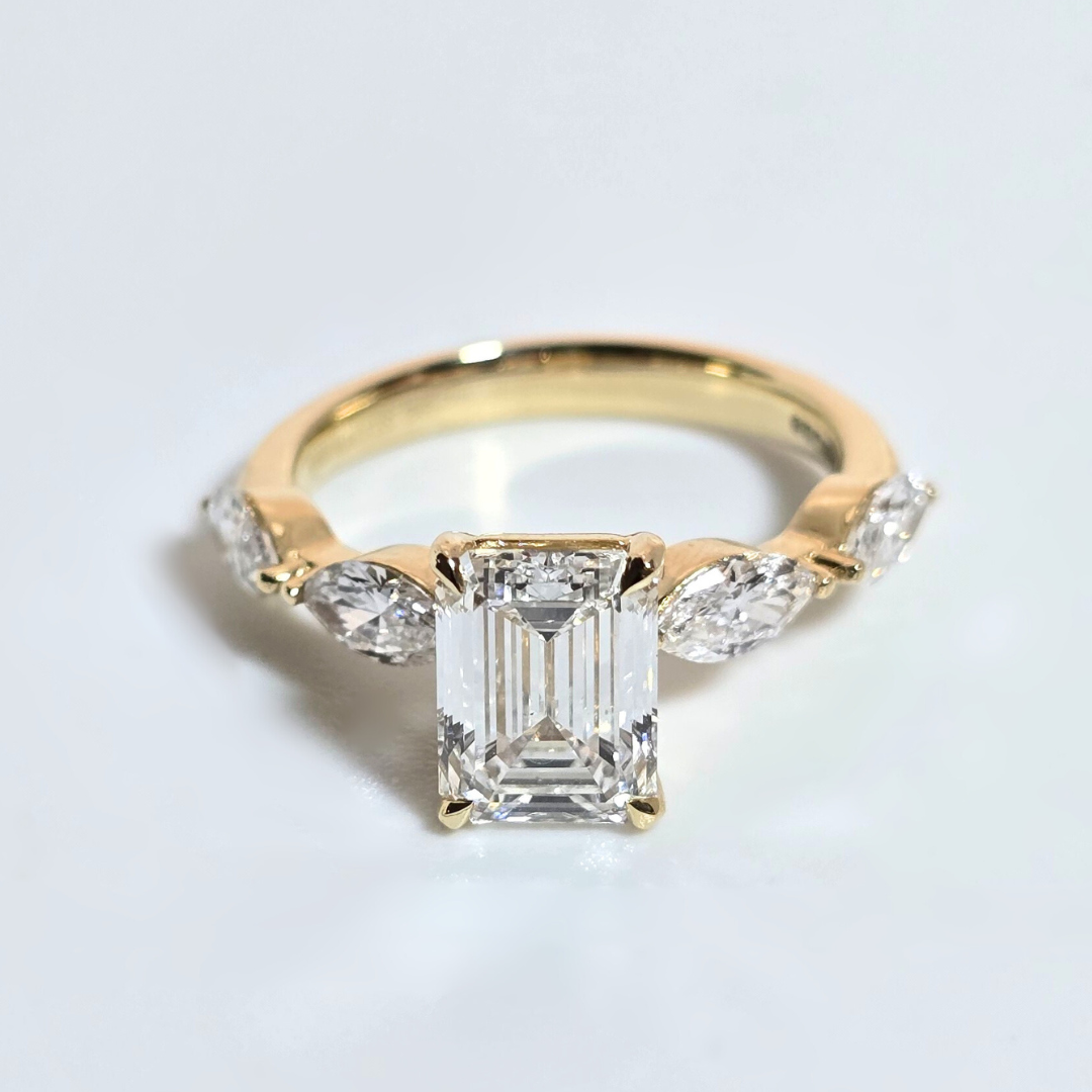 2.86ct Lab Grown Emerald Cut Diamond Ring with Marquise Side Stones in 14ct Yellow Gold