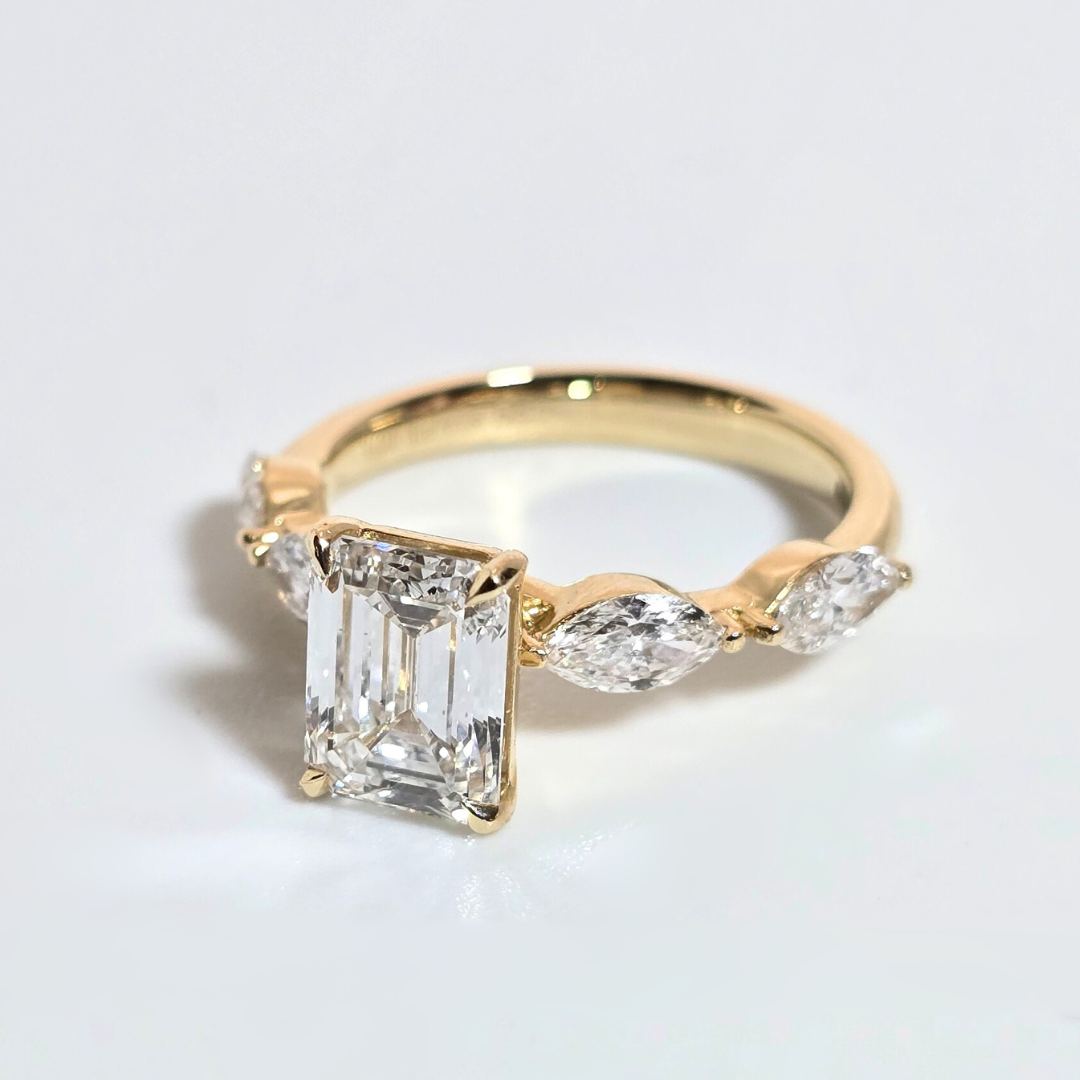 2.86ct Lab Grown Emerald Cut Diamond Ring with Marquise Side Stones in 14ct Yellow Gold