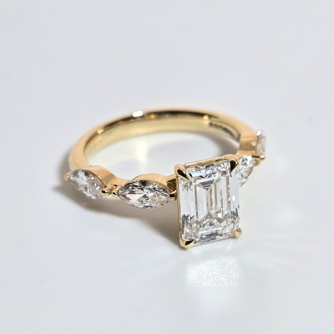 2.86ct Lab Grown Emerald Cut Diamond Ring with Marquise Side Stones in 14ct Yellow Gold