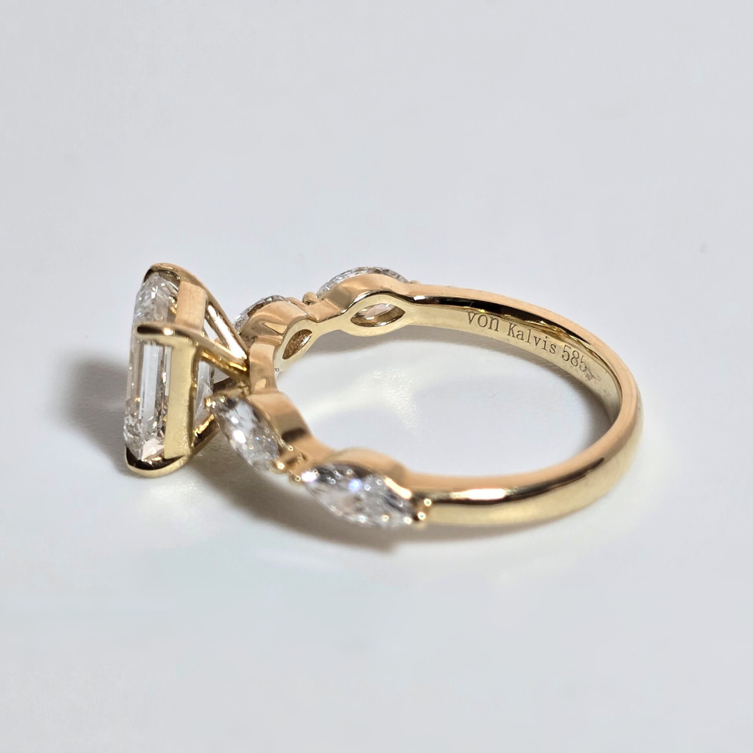 2.86ct Lab Grown Emerald Cut Diamond Ring with Marquise Side Stones in 14ct Yellow Gold