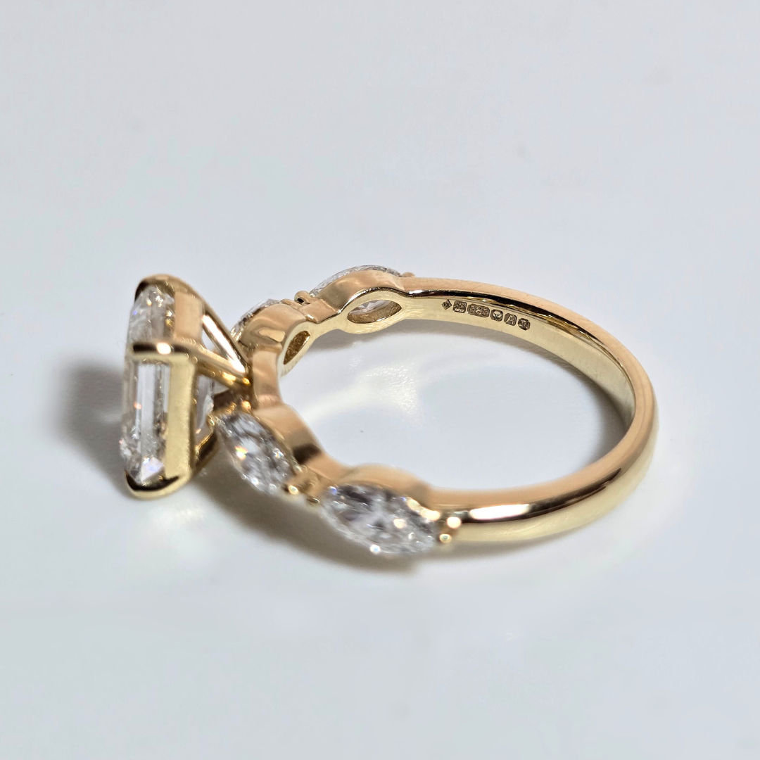 2.86ct Lab Grown Emerald Cut Diamond Ring with Marquise Side Stones in 14ct Yellow Gold
