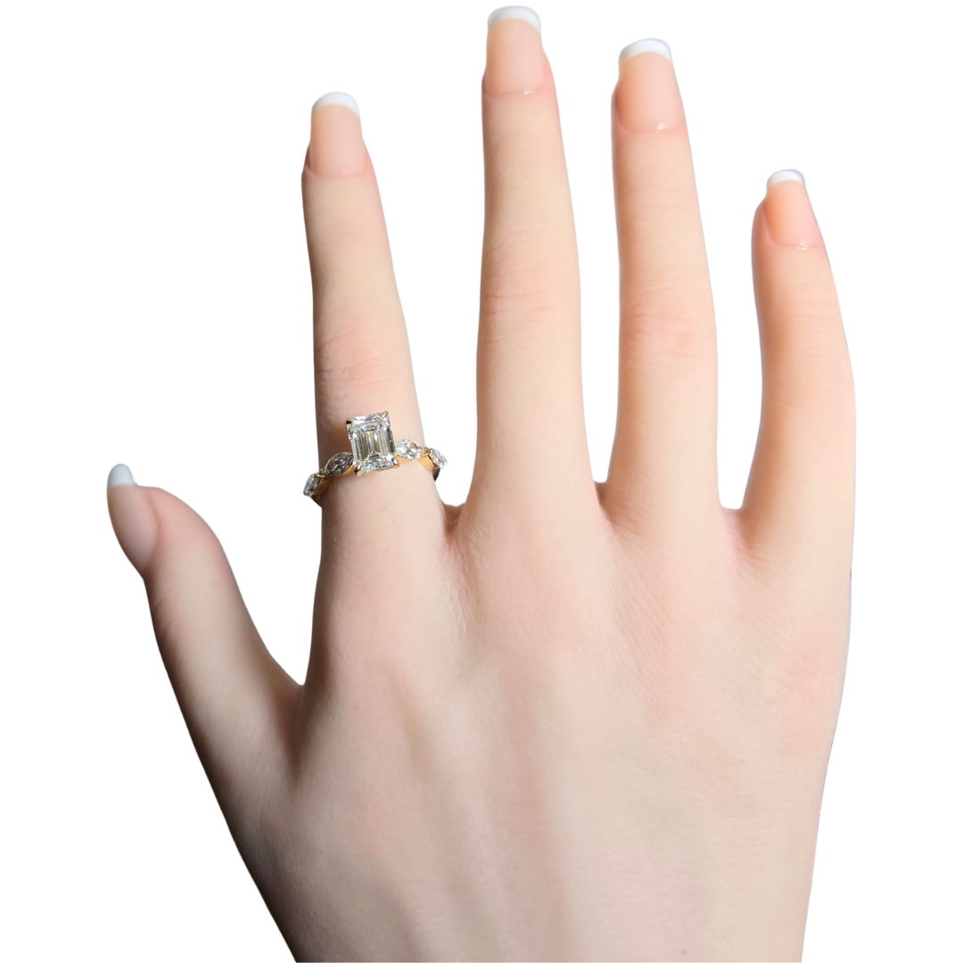 2.86ct Lab Grown Emerald Cut Diamond Ring with Marquise Side Stones in 14ct Yellow Gold