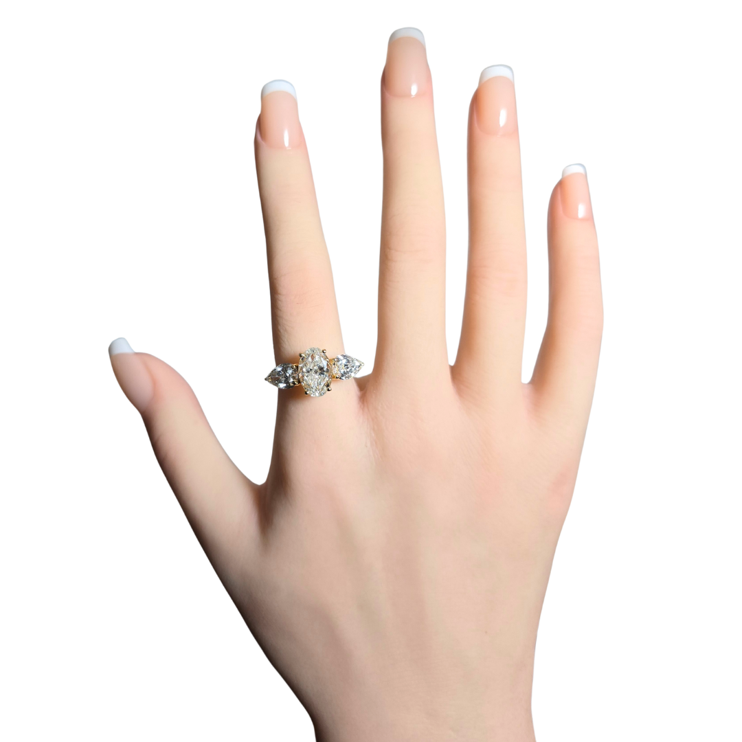 5.00ct Oval Cut Lab Grown Diamond Trilogy Ring with Pear Side Stones in 14ct Yellow Gold