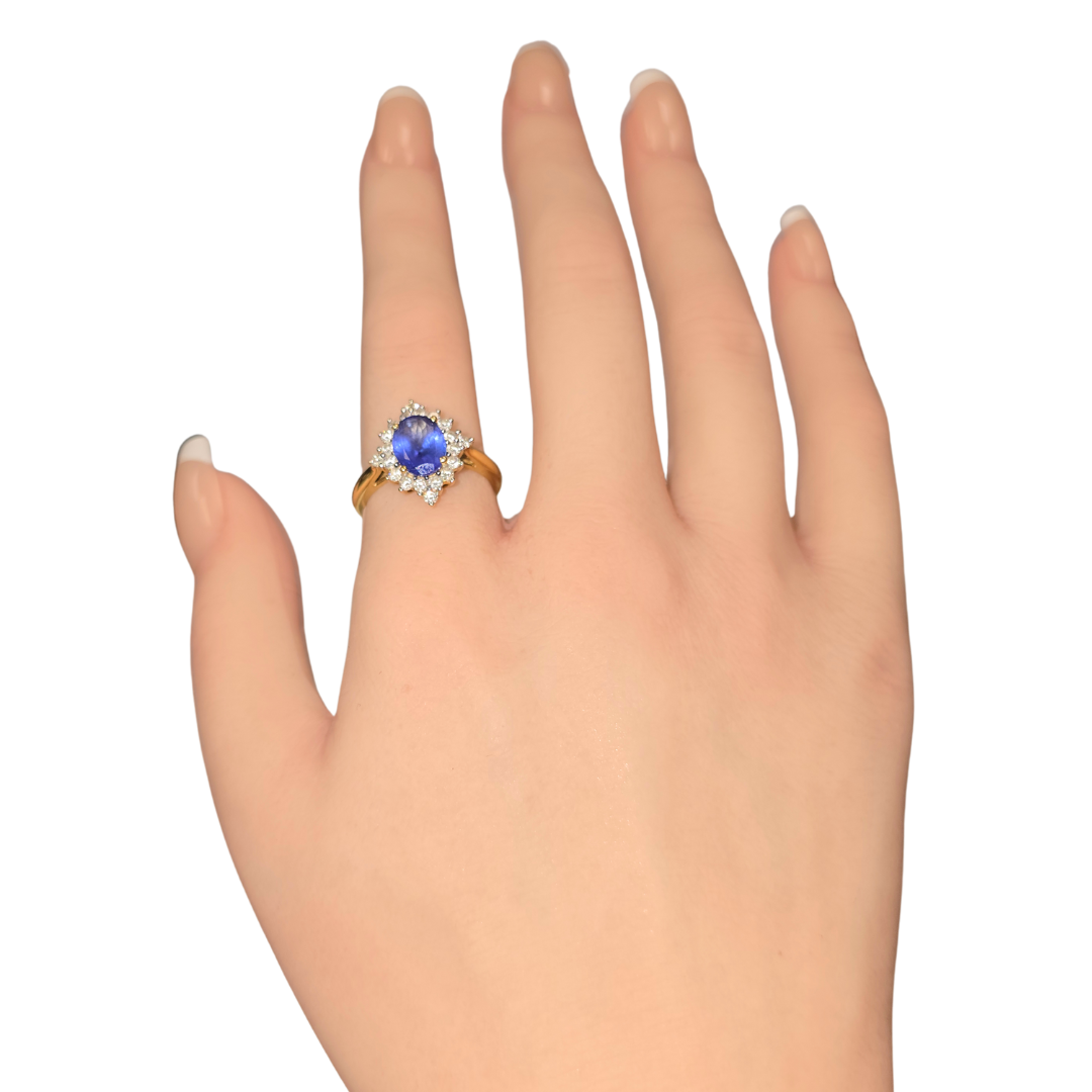 2ct Natural Oval Tanzanite & Diamond Ring in 18K Yellow Gold – Vintage Ring