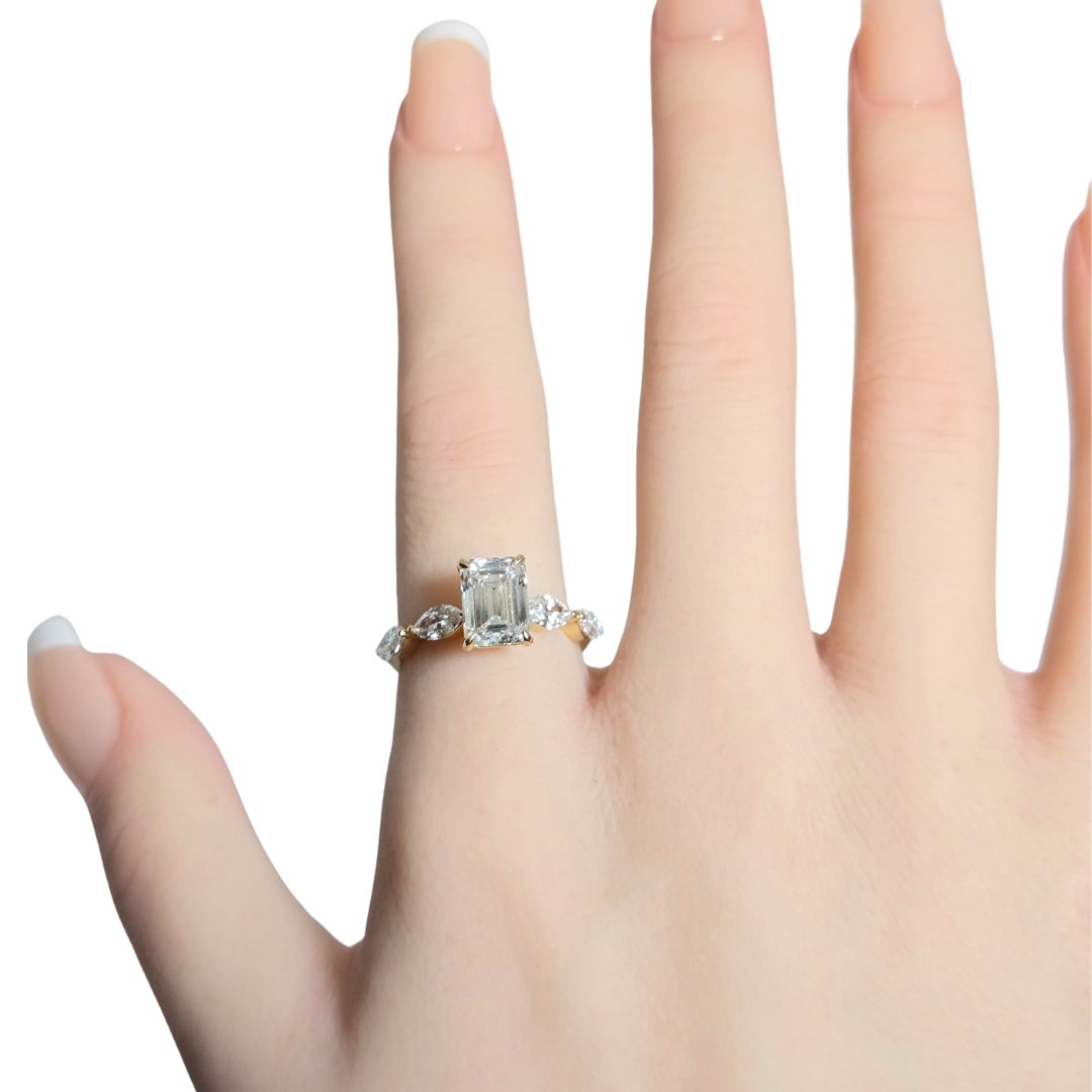 2.86ct Lab Grown Emerald Cut Diamond Ring with Marquise Side Stones in 14ct Yellow Gold