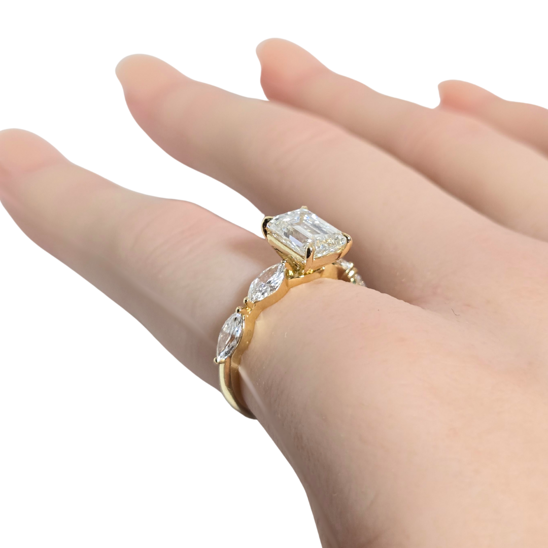2.86ct Lab Grown Emerald Cut Diamond Ring with Marquise Side Stones in 14ct Yellow Gold
