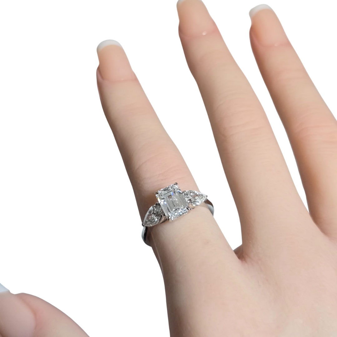 3.08 Emerald Cut Lab Diamond Engagement Ring with Pear Sides