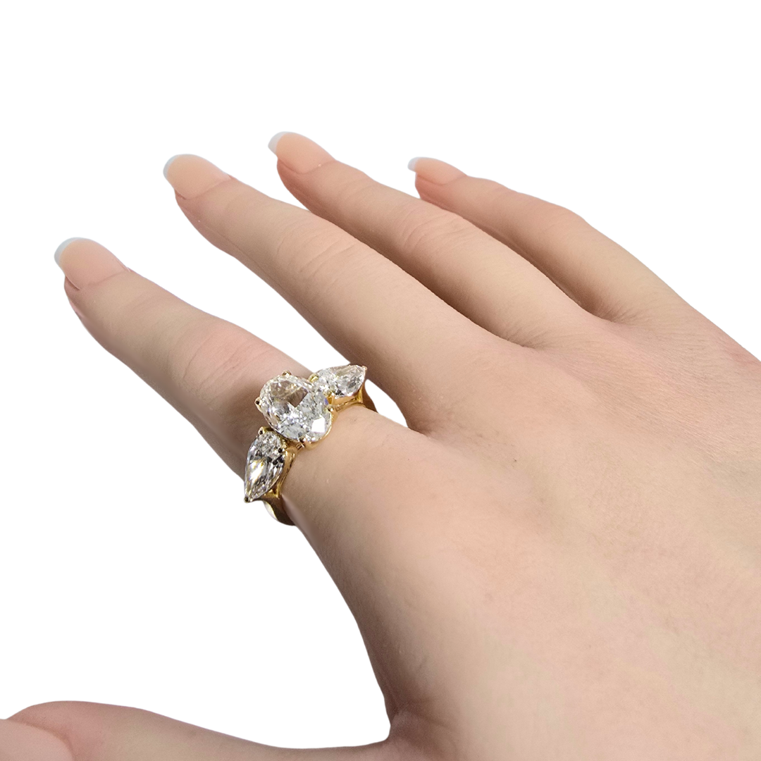 5.00ct Oval Cut Lab Grown Diamond Trilogy Ring with Pear Side Stones in 14ct Yellow Gold
