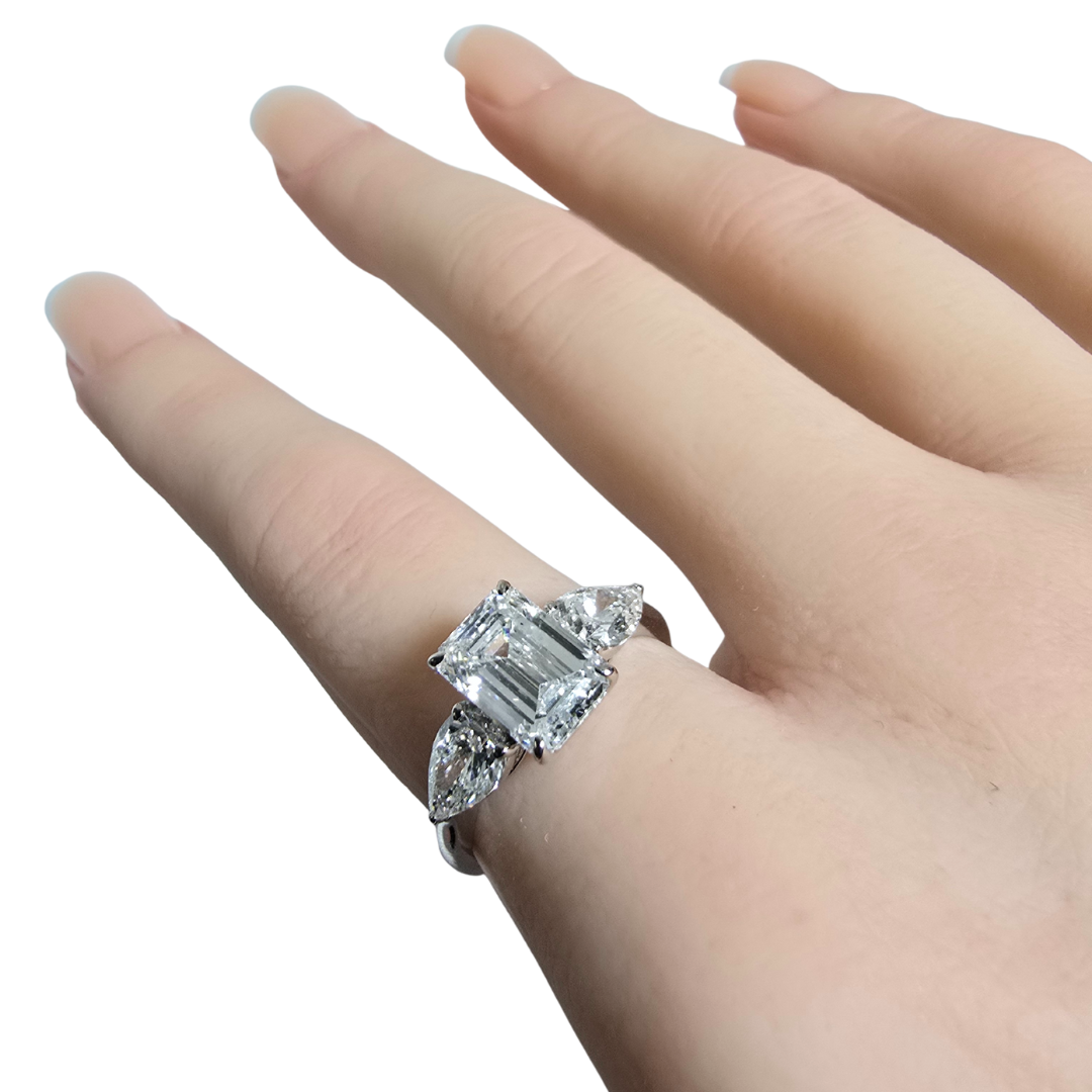3.08 Emerald Cut Lab Diamond Engagement Ring with Pear Sides