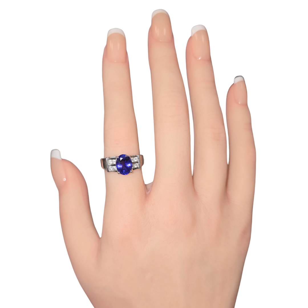 1.9ct Natural Oval Tanzanite & Diamond Ring in 18K White Gold – Solitaire with Accents