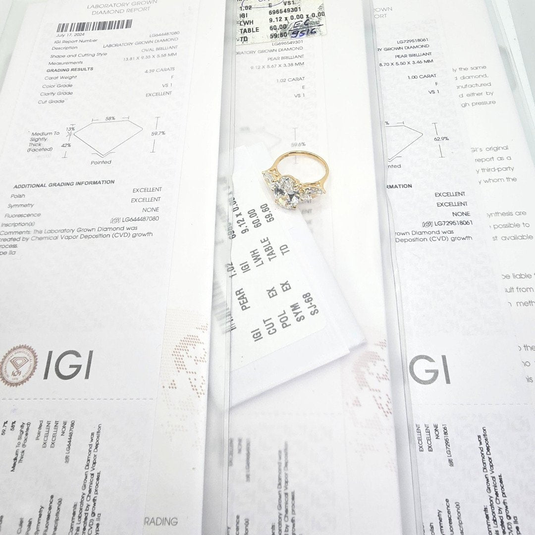 6.41cts Oval Cut Lab-Grown Diamond Trilogy Ring – 18ct Yellow Gold | 3 IGI Certificates