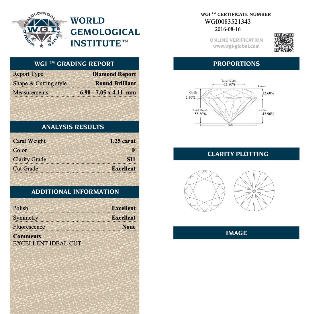 1.25ct Round Natural Diamond Solitaire Engagement Ring Platinum 950 WGI Certified