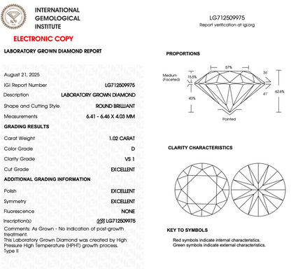 1.02ct Round Cut Lab-Grown Diamond Solitaire Ring – VS1 D Colour | 14ct Yellow Gold | IGI Certified