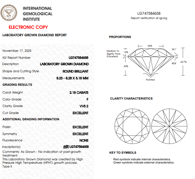 IGI certificate for 4.41ct round lab-grown diamond stud earrings, F colour VVS2 clarity