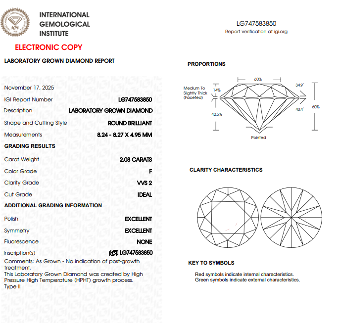 IGI certificate for 4.08ct round lab-grown diamond stud earrings, F colour VVS2 clarity