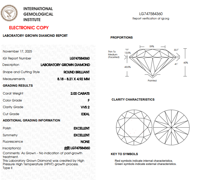 IGI certificate for 4.08ct round lab-grown diamond stud earrings, F colour VVS2 clarity