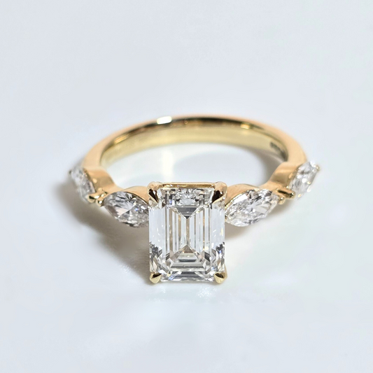2.86ct Lab Grown Emerald Cut Diamond Ring with Marquise Side Stones in 14ct Yellow Gold