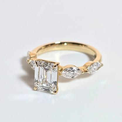 2.86ct Lab Grown Emerald Cut Diamond Ring with Marquise Side Stones in 14ct Yellow Gold