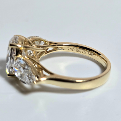 5.00ct Oval Cut Lab Grown Diamond Trilogy Ring with Pear Side Stones in 14ct Yellow Gold