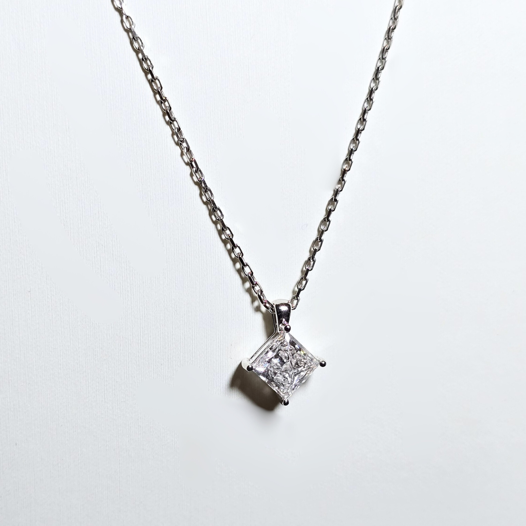 18kt White Gold Necklace with 3ct Princess Cut Lab Grown Diamond ALGT Certified