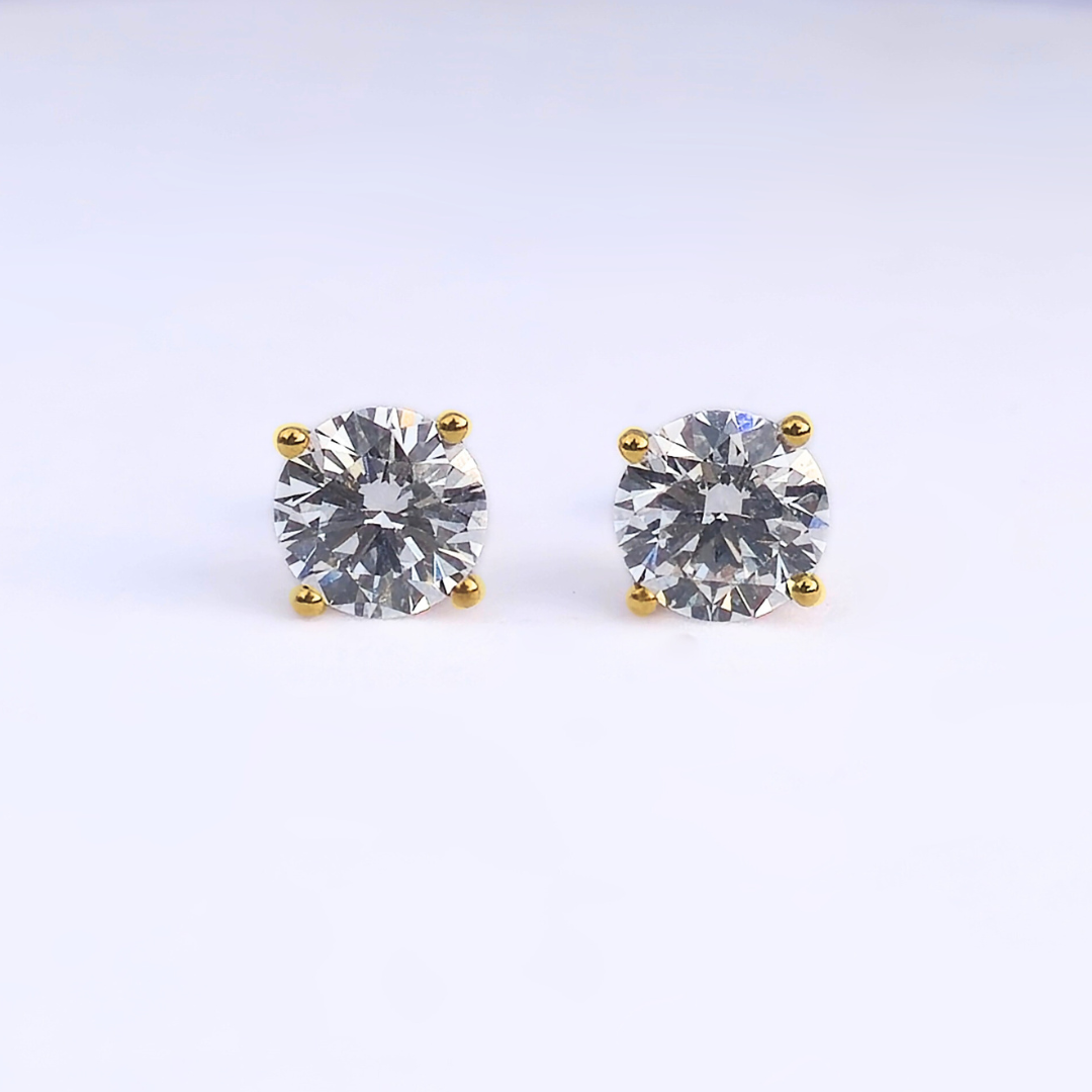 4.08ct round lab diamond stud earring right side view, 18ct yellow gold secure lock back