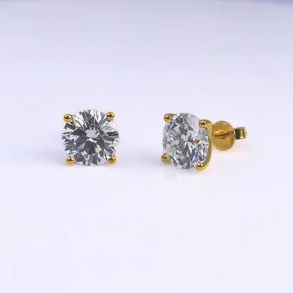 4.08ct round lab-grown diamond stud earrings in 18ct yellow gold, front view, F colour VVS2 clarity, IGI certified