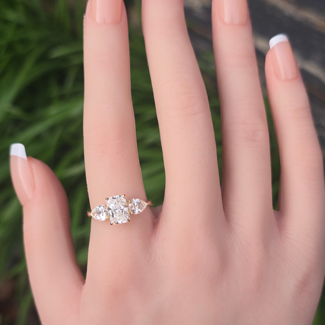 2.51cts Radiant Cut & Pear Cut Lab-Grown Diamond Trilogy Ring – 14ct Yellow Gold