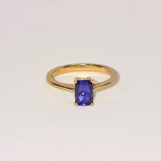 1.15ct Cushion Cut Tanzanite Solitaire Ring in 18ct Yellow Gold