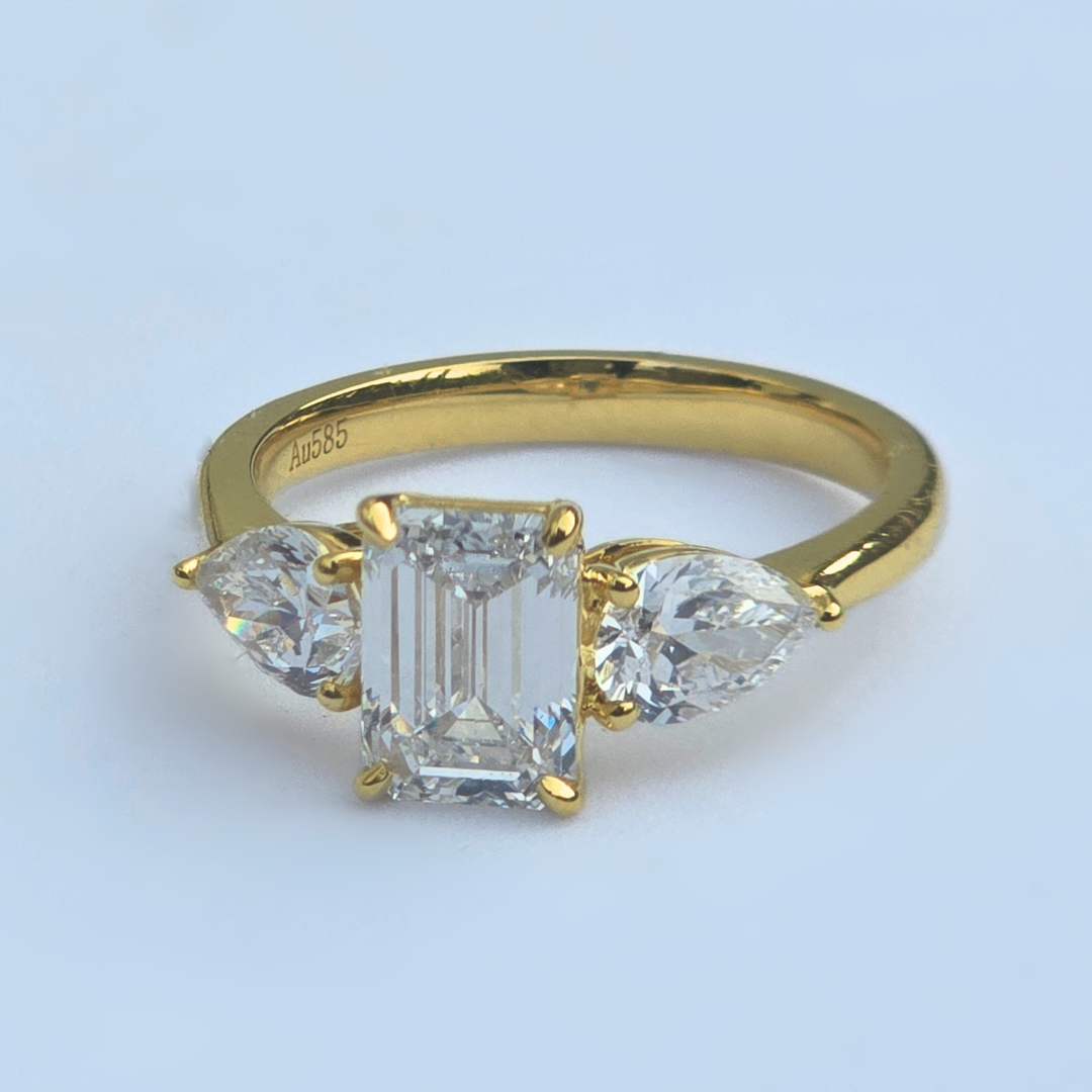 2.59ct Emerald Lab Grown Diamond Three Stone Ring in 14ct Yellow Gold