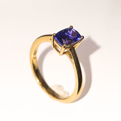 1.15ct Cushion Cut Tanzanite Solitaire Ring in 18ct Yellow Gold