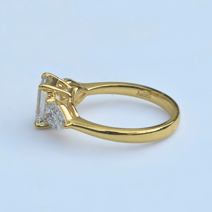 2.59ct Emerald Lab Grown Diamond Three Stone Ring in 14ct Yellow Gold