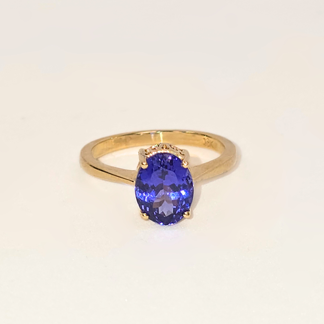 1.7ct Oval Cut Tanzanite Solitaire Ring in 18ct Yellow Gold