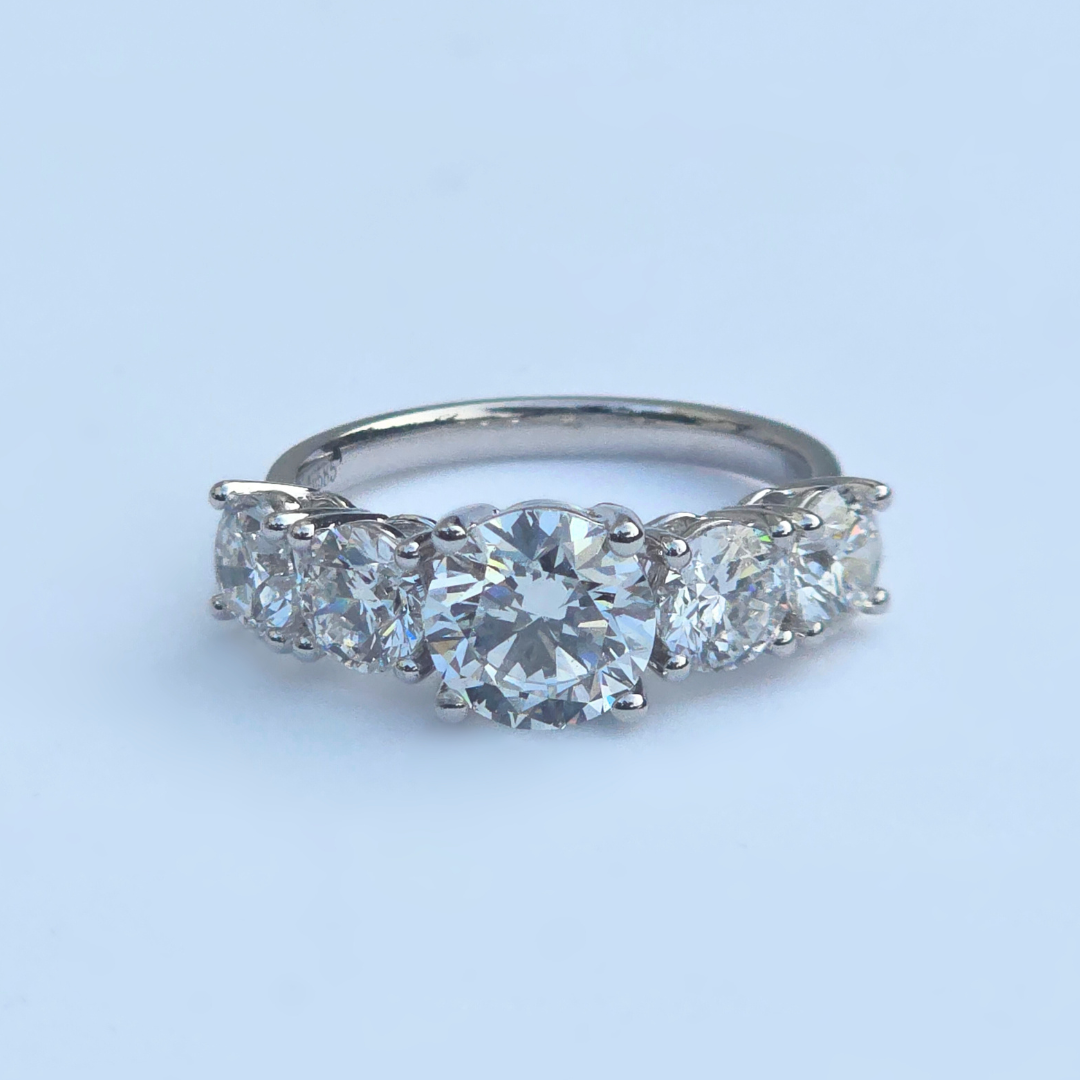 3.55ct round lab-grown diamond five stone ring in 14ct white gold, front view, F colour VS1 clarity, IGI certified