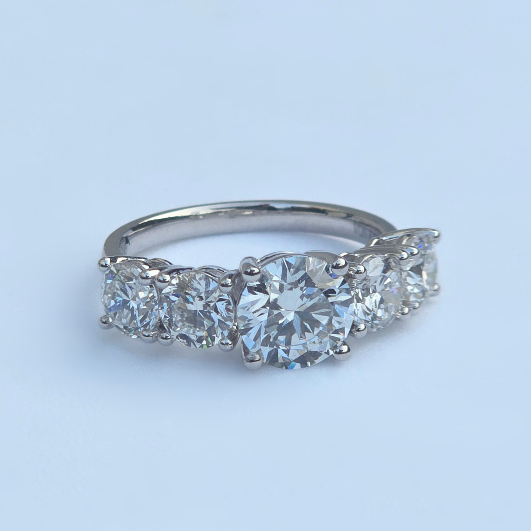 3.55ct round lab diamond five stone ring right side view, 14ct white gold setting