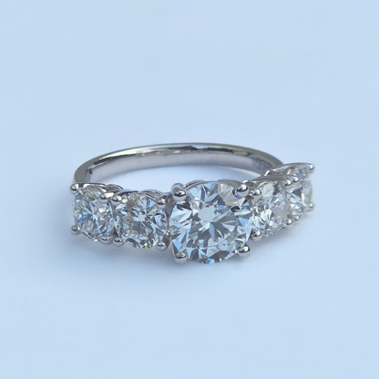 3.55ct round lab diamond five stone ring right side view, 14ct white gold setting