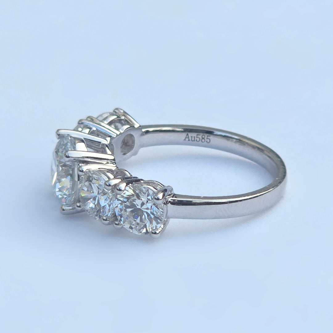 Second inscription detail on 3.55ct round lab-grown diamond ring, 14ct white gold hallmarked