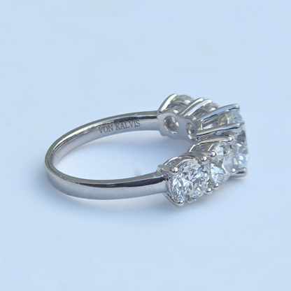 Inside inscription detail on 3.55ct lab diamond five stone ring, 14ct white gold hallmark