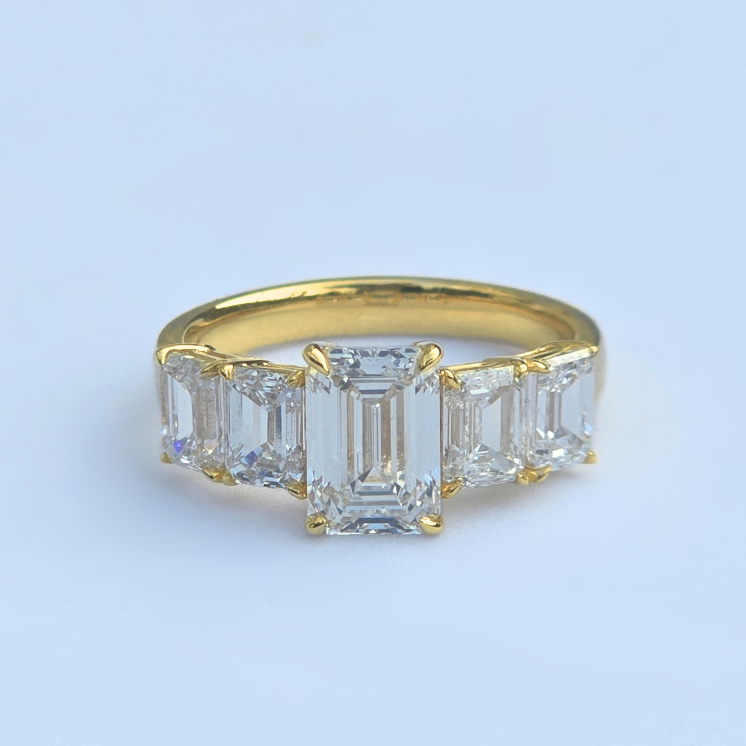 5 Stone Emerald Cut Lab Diamond Ring 14ct Yellow Gold 3.61ct