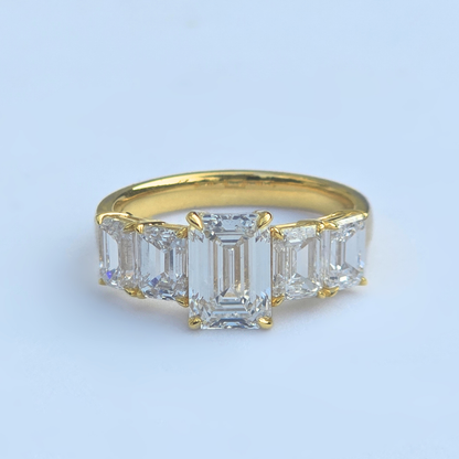 5 Stone Emerald Cut Lab Diamond Ring 14ct Yellow Gold 3.61ct