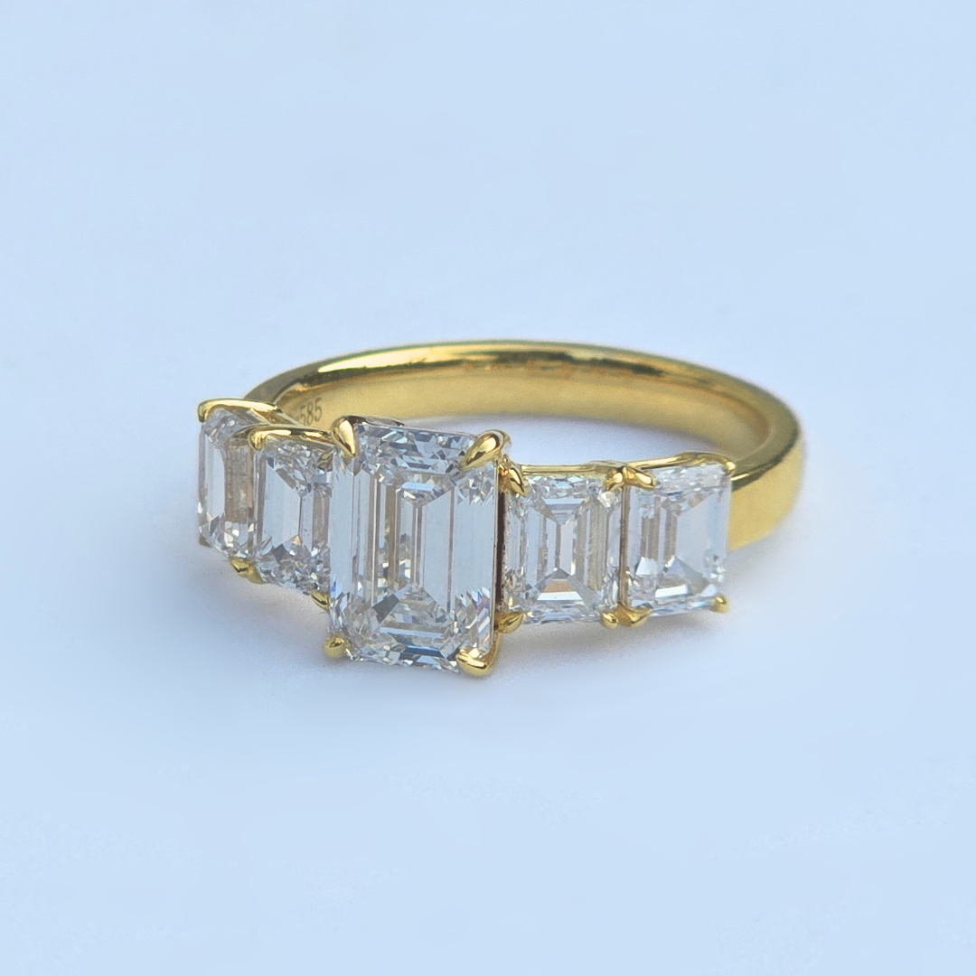5 Stone Emerald Cut Lab Diamond Ring 14ct Yellow Gold 3.61ct