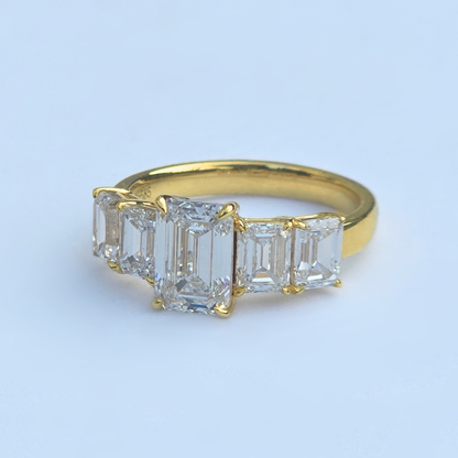 5 Stone Emerald Cut Lab Diamond Ring 14ct Yellow Gold 3.61ct