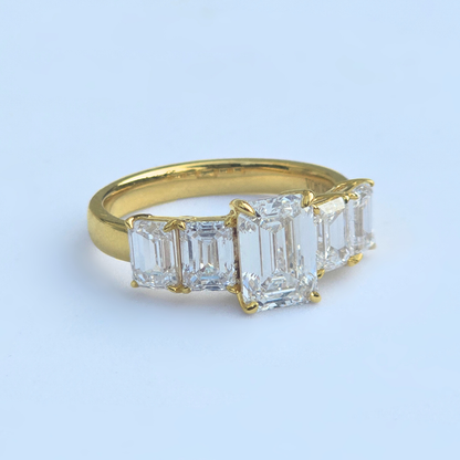 5 Stone Emerald Cut Lab Diamond Ring 14ct Yellow Gold 3.61ct