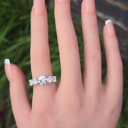 3.55ct round lab-grown diamond five stone ring worn on hand, 14ct white gold, women's diamond ring